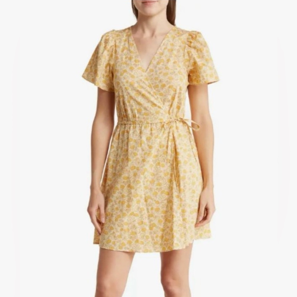 Madewell Floral Wrap Dress Yellow White Cottagecore Short Sleeve Size M BohoMini